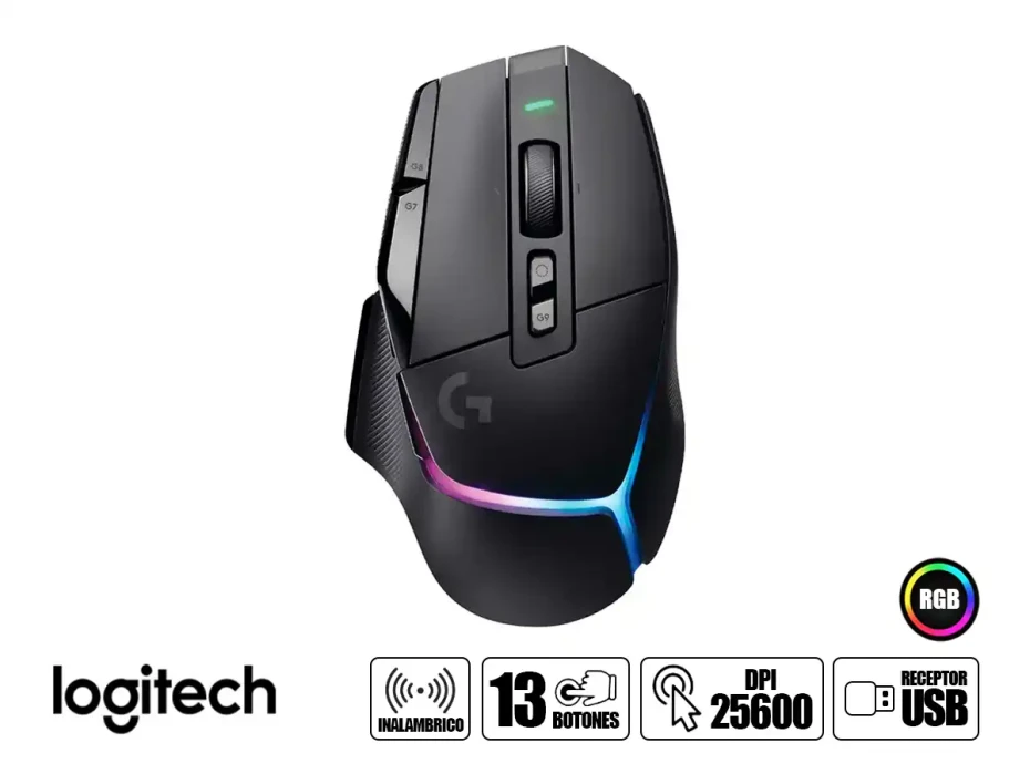 Mouse Inalambrico Logitech G502 X Plus Gaming (910-006160) Hasta 25.600 Dpi, 13 Botones Programables, Receptor Usb, Rgb, Negro