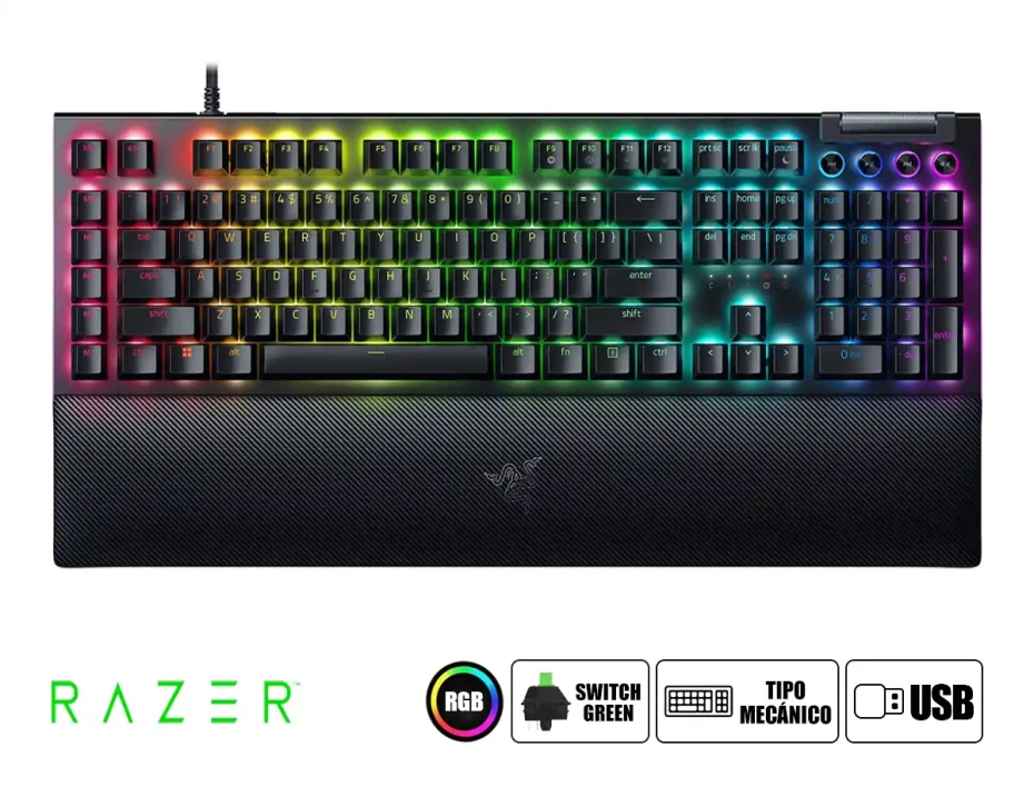 Teclado Gamer Razer Blackwidow V4 (rz03-04690200-r3u1) Mecanico, Switch Green Óptico, Led Rgb, Us, Negro