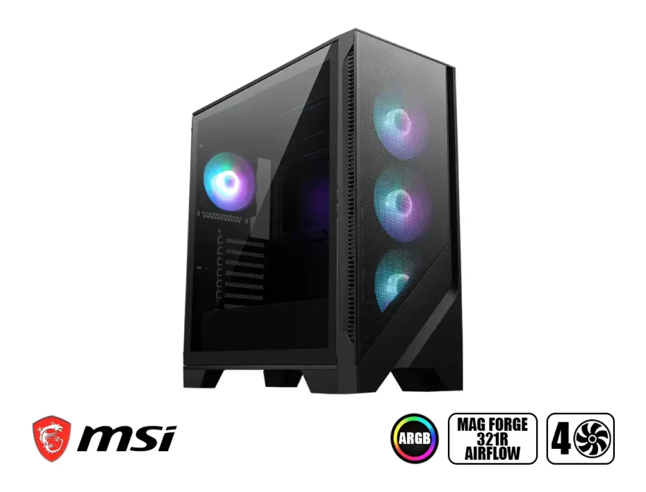 Case Msi Mag Forge 321r Airflow S/fuente (mag Forge 321r Airflow) Panel De Vidrio, 4 Ventiladores, Led Argb, Negro