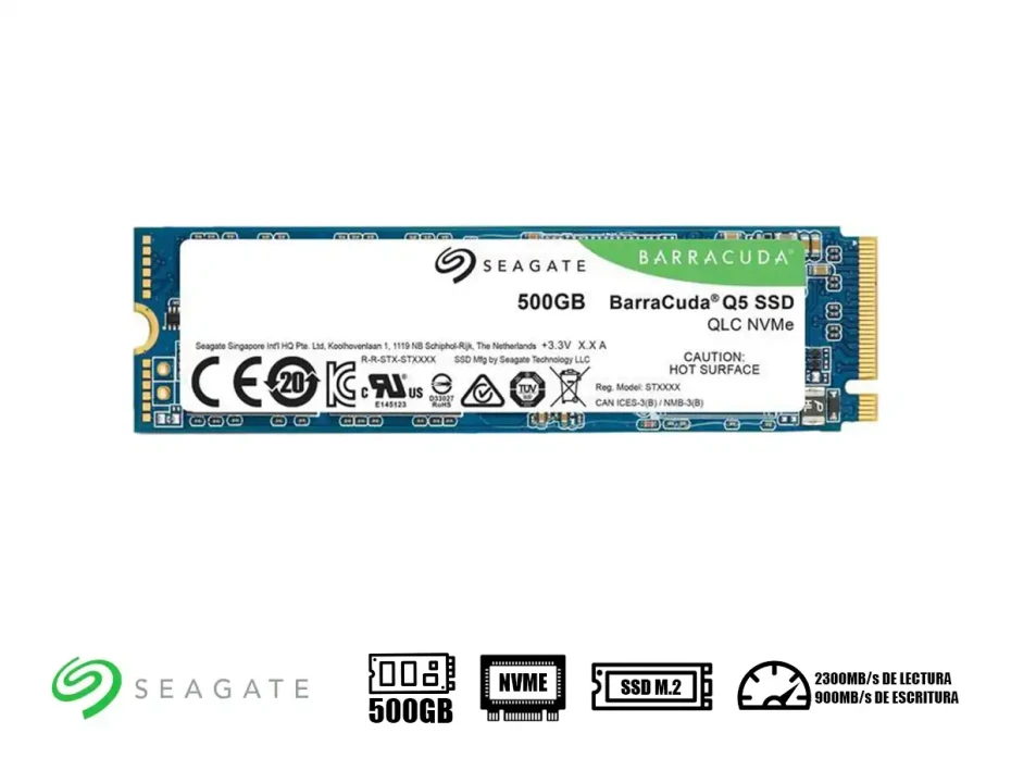 Disco Solido Ssd M.2 Pcie Seagate 500gb Barracuda Q5 2280, Gen3, Nvme, Unidad Interna Estado Solido, Para Pc, Laptop, Lectura 2300mb/s (zp500cv3a001)