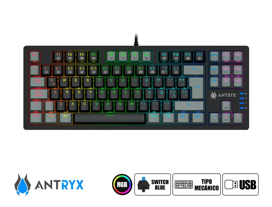 Teclado Gamer Antryx Chrome Storm Mk840l (amk-840lkgblr1-sp) Mecanico, Switch Blue, Negro Y Gris