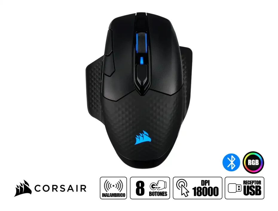 Mouse Inalambrico Corsair Dark Core Rgb Pro Gaming (ch-9315411-na) Hasta 18.000 Dpi, Receptor Usb, Bluetooth, 8 Botones