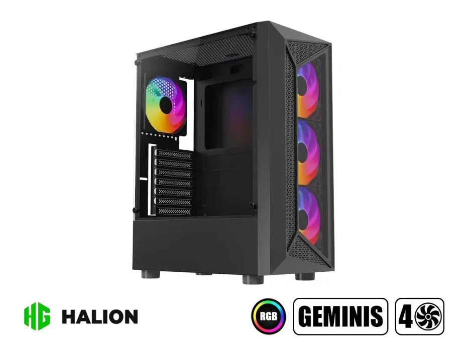 Case Halion Geminis Cr30 Fuente 500w (geminis Cr30) Panel De Vidrio Templado, 4 Ventiladores, Negro