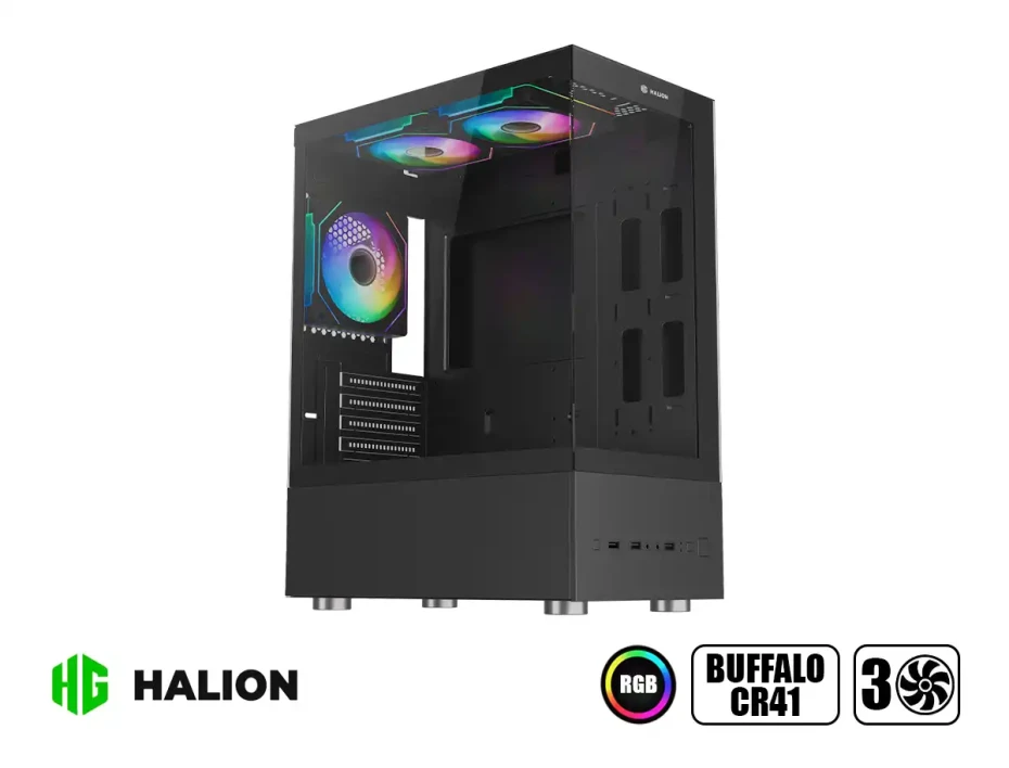 Case Halion Buffalo Cr41 Fuente 500w (buffalo Cr41) Panel De Vidrio Templado, 3 Ventiladores, Negro