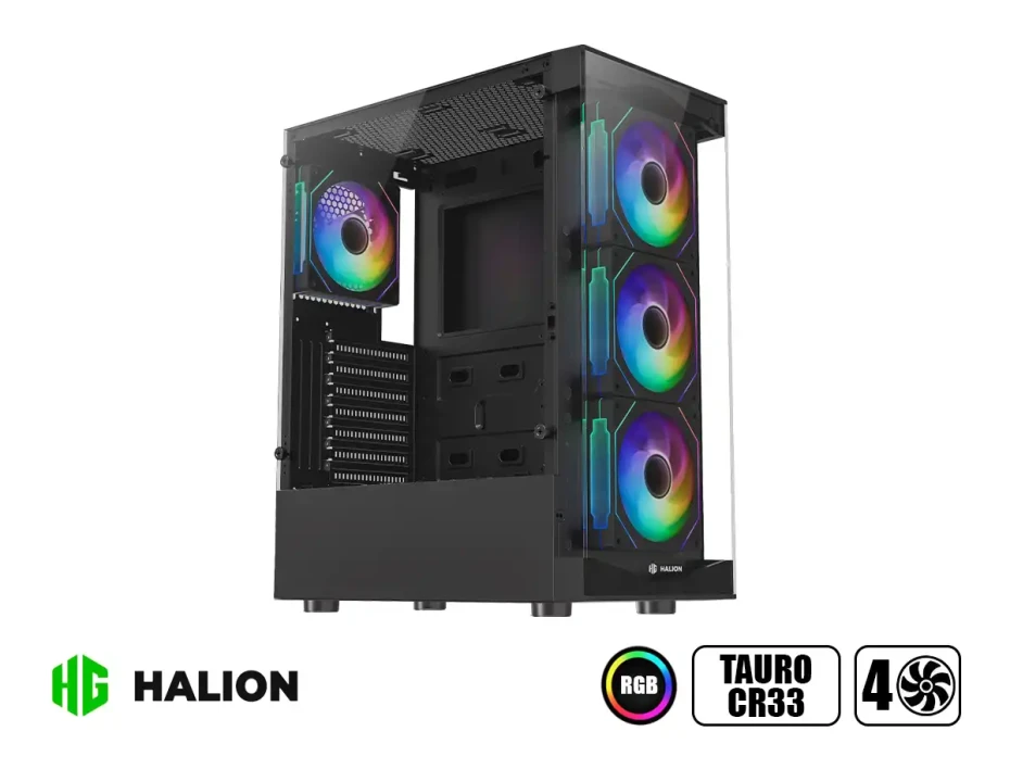 Case Halion Tauro Cr33 Fuente 500w (tauro Cr33) Panel De Vidrio Templado, 4 Ventiladores, Negro