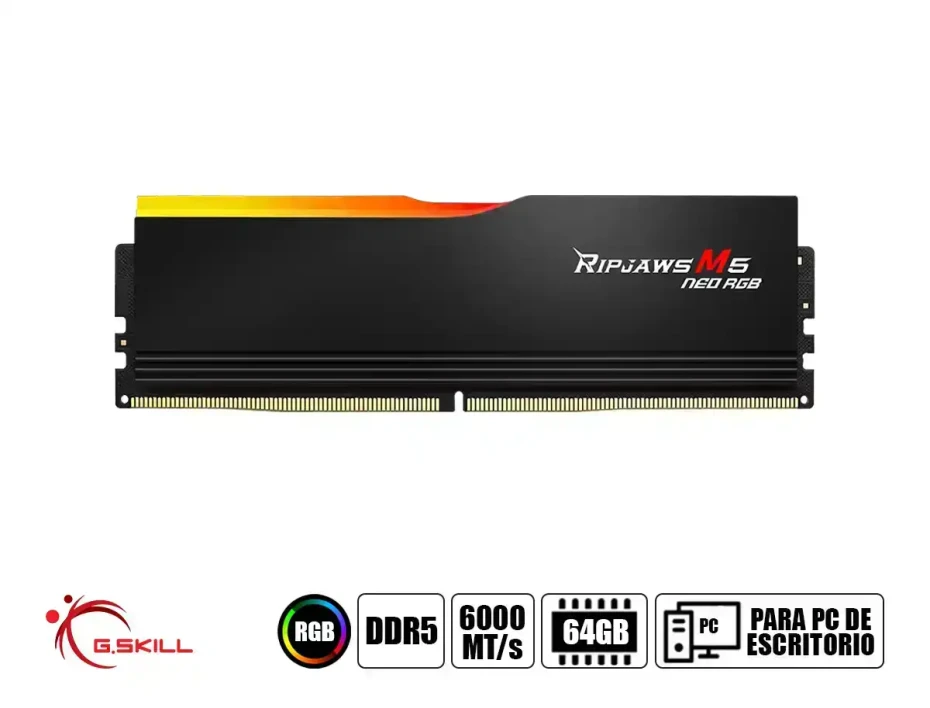 Memoria Ram G.skill Ddr5 64gb (32gbx2) Ripjaws M5 Neo Rgb (f5-6000j3636f32gx2-rm5nrk) 6000 Mt/s, Negro, Cl 36, Amd Expo, Intel Xmp 3.0