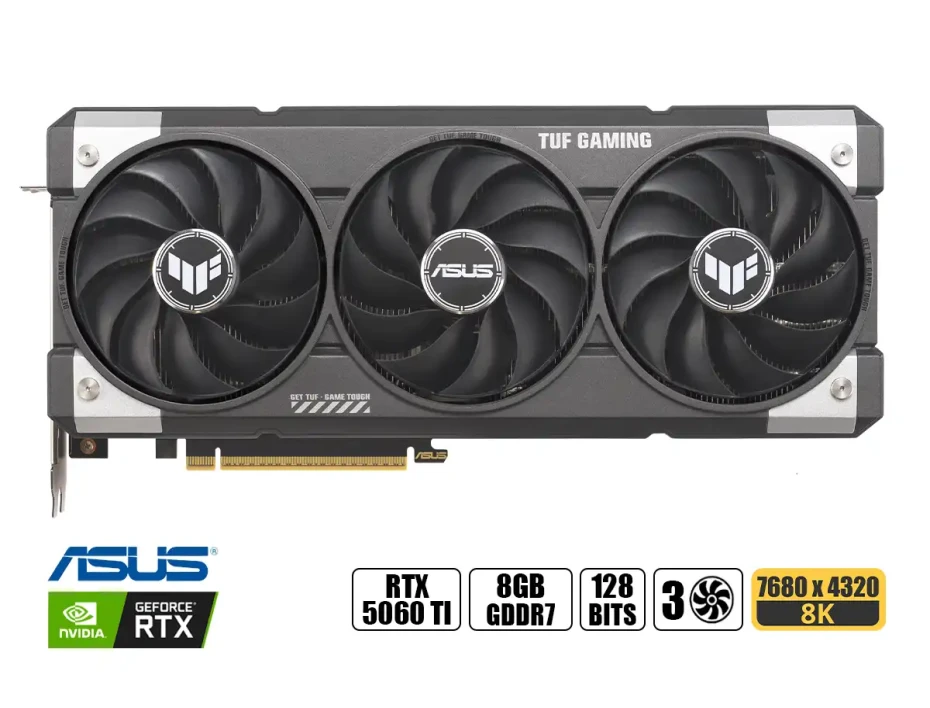 Tarjeta De Video Asus Rtx 5060 Ti 8gb Tuf Oc Gddr7 (tuf-rtx5060ti-o8g-gaming) Geforce Nvidia 128 Bits, 3 Ventiladores