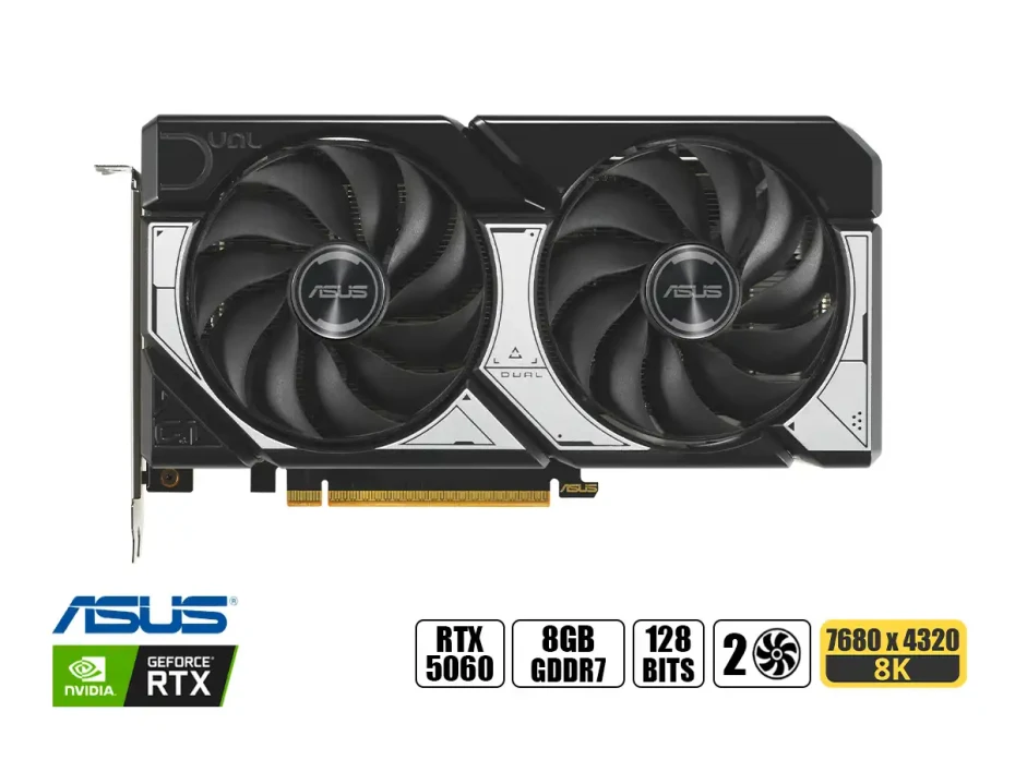 Tarjeta De Video Asus Rtx 5060 8gb Dual Gddr7 (90dual-rtx5060-o8g) Geforce Nvidia 128 Bits, 2 Ventiladores