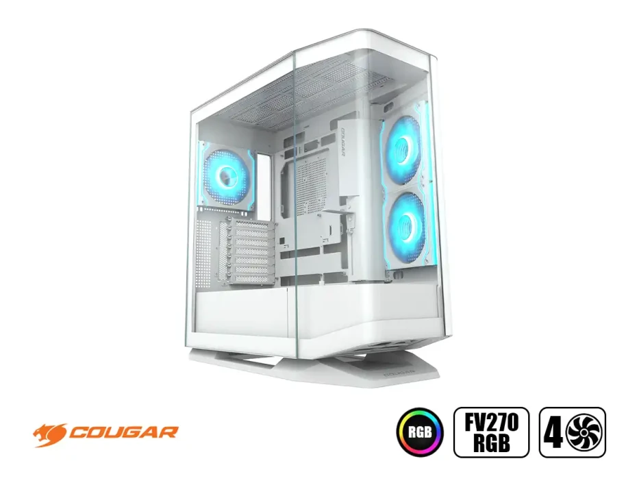 Case Cougar Gaming S/fuente, Fv270 Rgb+plataforma Rotating White  Cgr-58m6w-rgb (3858m60.0005p-rot) Panel De Vidrio, DiseÑo Pecera  4 Ventiladores, Le