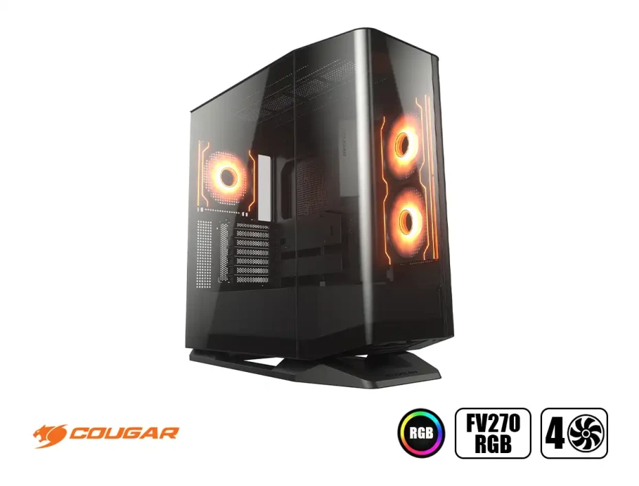 Case Cougar Gaming S/fuente, Fv270 Rgb+plataforma Rotating Black Cgr-58m6b-rgb-rgb (3858m60.0005p-rot) Panel De Vidrio, DiseÑo Pecera  4 Ventiladores,