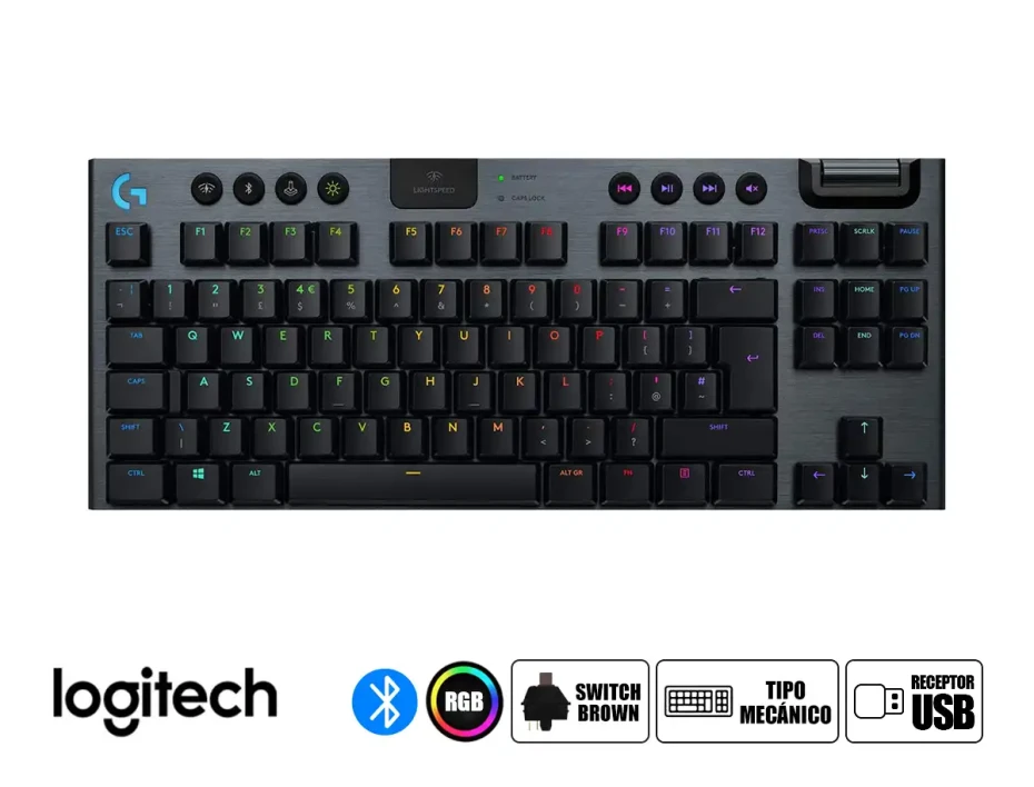 Teclado Gamer Inalambrico Logitech G915 X Lightspeed Tkl (920-012715) Mecanico, Switch Brown, Led Rgb, Negro