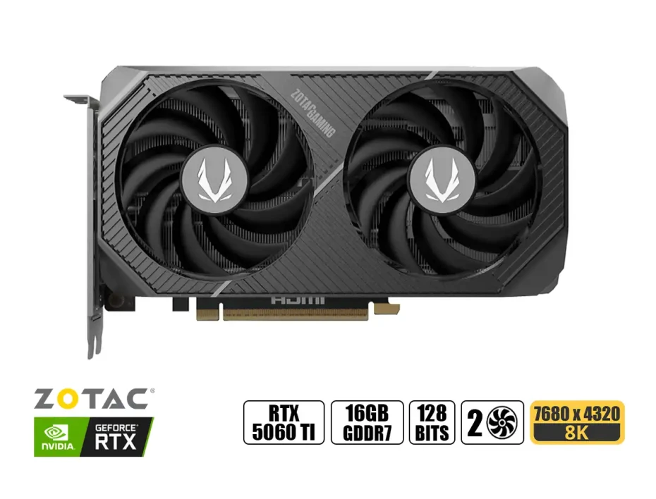 Tarjeta De Video Zotac Rtx 5060 Ti 16gb Twin Edge Oc Gddr7 (zt-b50620h-10m) Geforce Nvidia 128 Bits, 2 Ventiladores