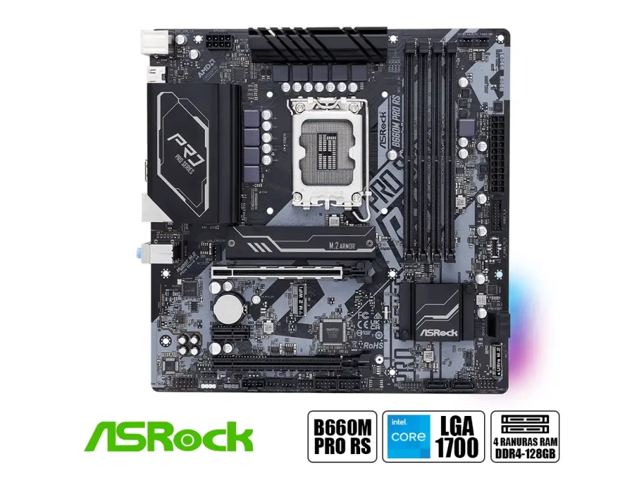 Placa Madre Asrock B660m Pro Rs (90-mxbgwo-a0uayz) Socket Lga 1700, Ram Ddr4 Buss 4800oc Mhz, 14va, 13va, 12va Gen, Rgb