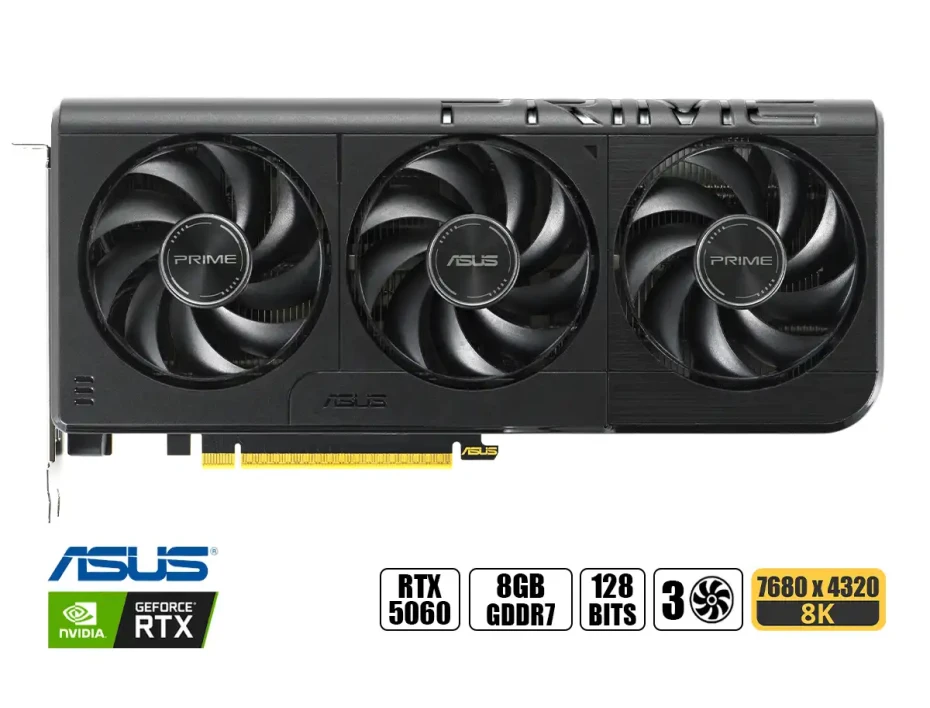 Tarjeta De Video Asus Rtx 5060 8gb Prime Gddr7 (90prime-rtx5060-o8g) Geforce Nvidia 128 Bits, 3 Ventiladores