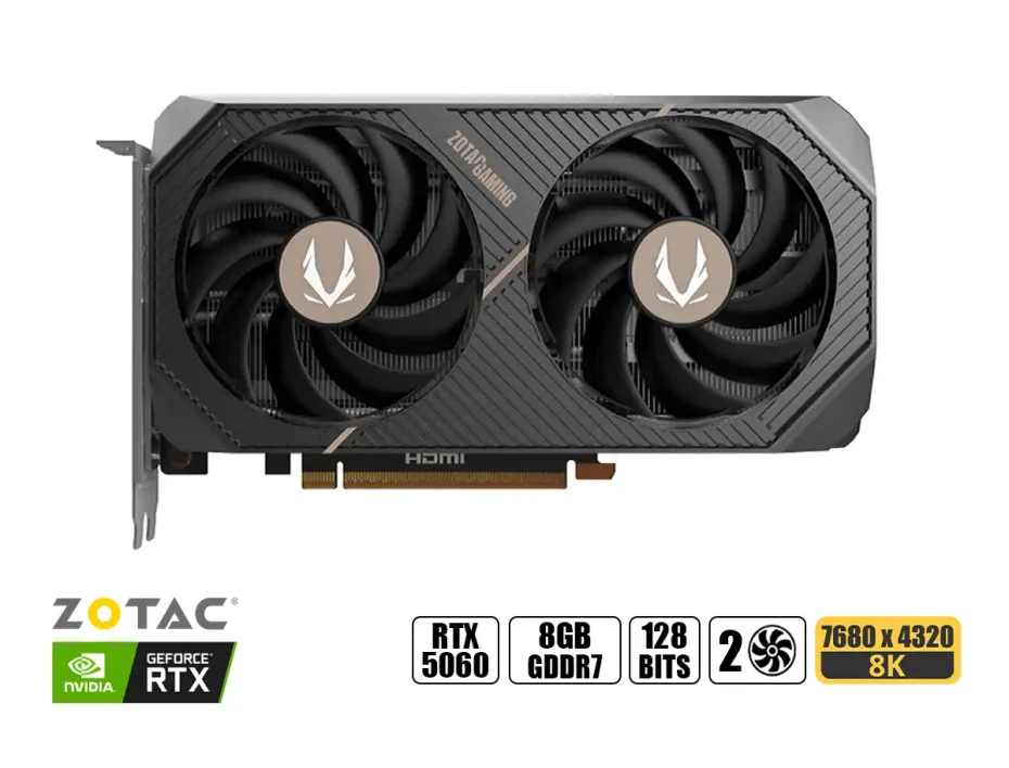Tarjeta De Video Zotac Rtx 5060 8gb Amp Gddr7 (zt-b50600f-10m) Geforce Nvidia 128 Bits, 2 Ventiladores