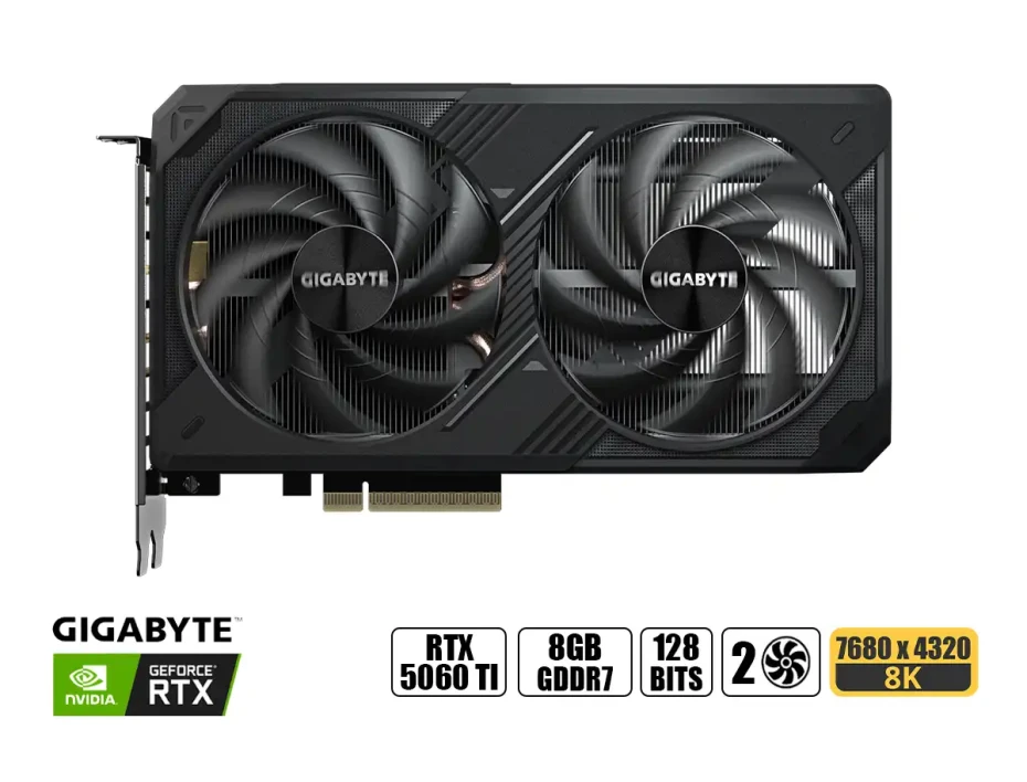 Tarjeta De Video Gigabyte Rtx 5060 Ti 8gb Windforce Gddr7 (gv-n506twf2oc-8gd) Geforce Nvidia, 128 Bits, 2 Ventiladores