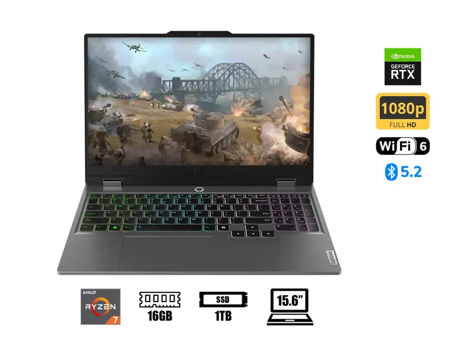 Laptop Lenovo Ryzen 7-8845hs Loq 15ahp9 Gaming (83dx00avus) Pantalla 15.6" Fhd, Ram 16gb, Ssd 1tb, Rtx 4060 8gb, Ips, Win11, Luna Gray