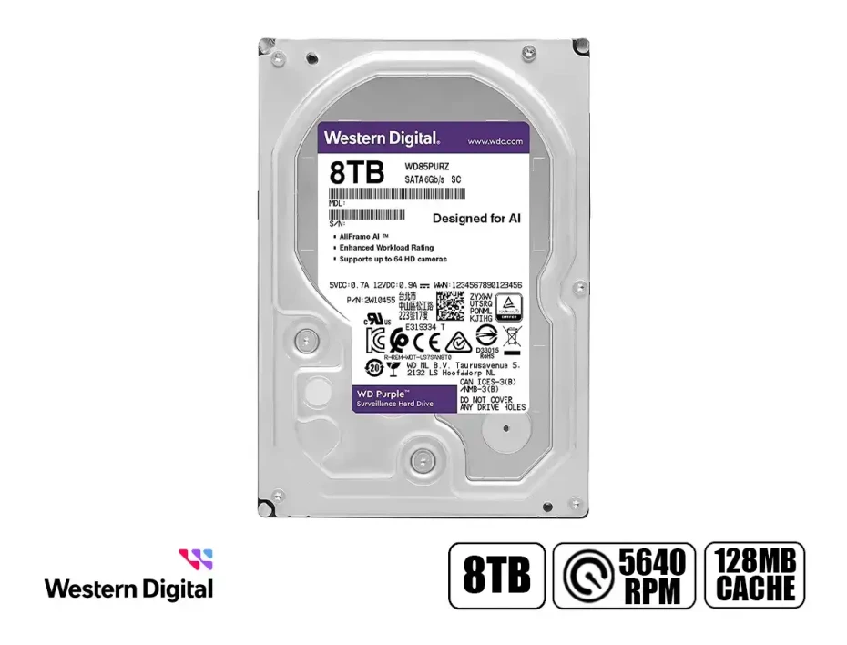 Disco Duro Western Digital 8tb (wd85purz) Cache 128mb, 5640 Rpm, 3.5", Sata 6, Para Video Vigilancia, Purpura