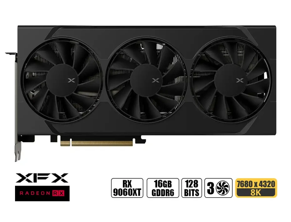 Tarjeta De Video Xfx Rx 9060xt Oc 16gb 128 Bit Pci 5.0 Gddr6 (rx-96ts316b7) Negro. 3 Ventiladores