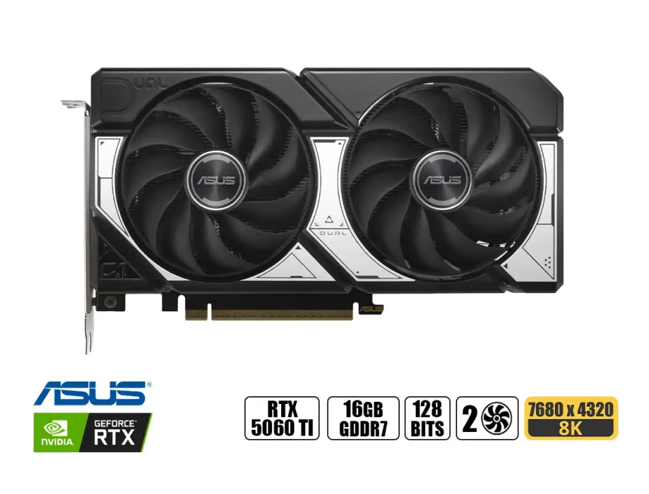 Tarjeta De Video Asus Geforce Rtx 5060 Ti 16gb Dual Oc Gddr7 (dual-rtx5060ti-o16g) Nvidia 128 Bits, 2 Ventiladores