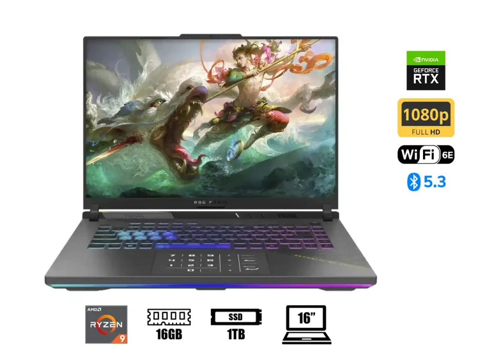 Laptop Asus Ryzen 9 8940hx Rog Strix G16 Gaming (g614pr-g16.r95070ti) 16" Wuxga 165hz, Ram 16gb, Ssd 1tb, Rtx 5070ti 12gb, Win11, Gray