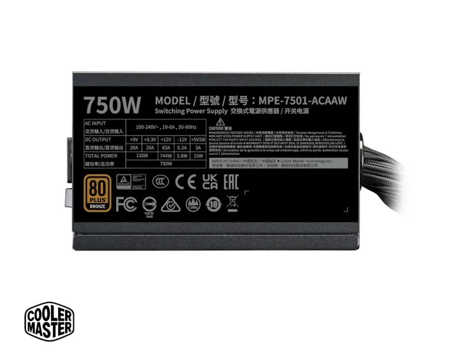 Fuente De Poder Cooler Master 750w Mwe V3 (mpe-7501-acaaw-3bus) Atx, 80 Plus Bronze, No Modular, Negro