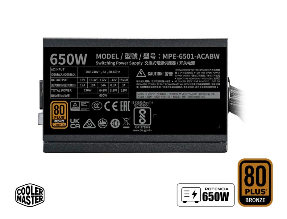 Fuente De Poder Cooler Master 650w Mwe V3 (mpe-6501-acaaw-3bus) Atx, 80 Plus Bronze, Negro