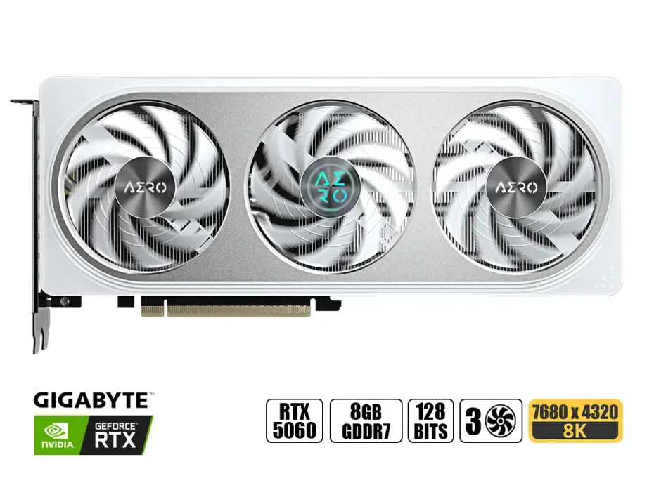 Tarjeta De Video Gigabyte Geforce Rtx 5060 8gb Aero Oc Gddr7 (gv-n5060aero-oc-8gd) Nvidia 128 Bits, 3 Ventiladores, Blanco