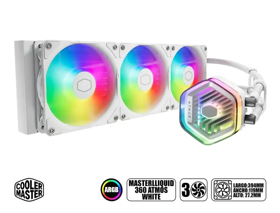 Sistema De Enfriamiento Liquido Cooler Master Masterliquid 360 Atmos White (mlx-d36m-a25pz-rw) 3 Ventiladores, 360mm, Led Argb