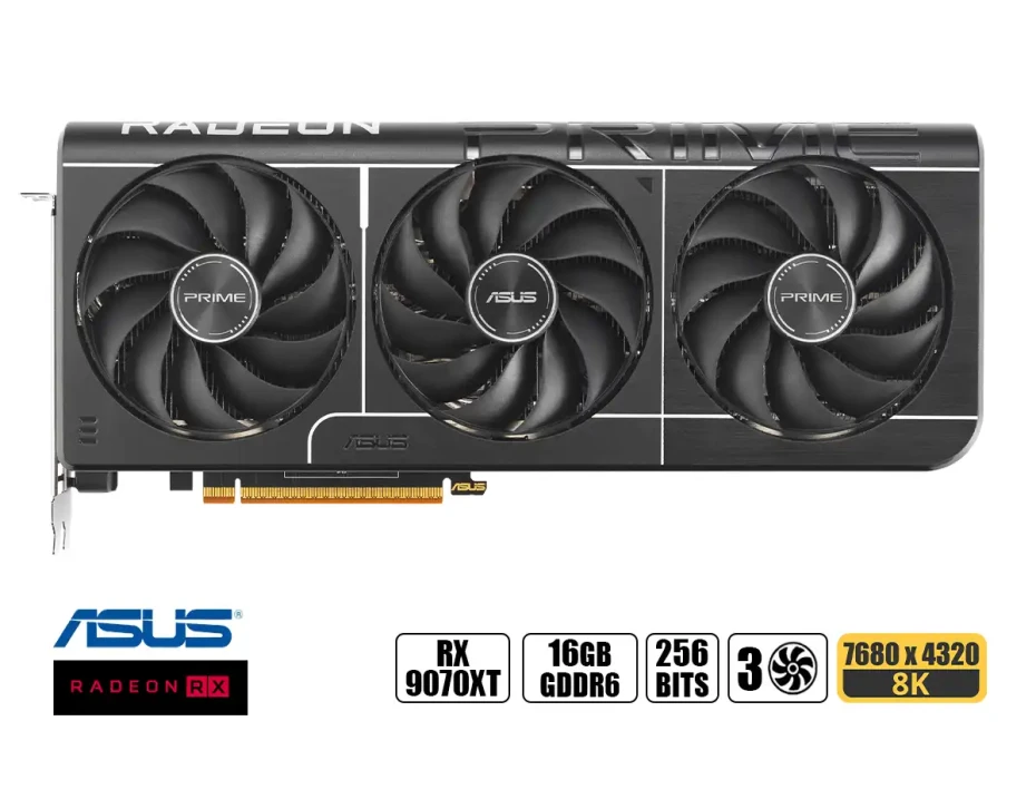 Tarjeta De Video Asus Rx 9070 Xt 16gb Prime Oc (prime-rx9070xt-o16g) Radeon 256bits, 3 Ventiladores