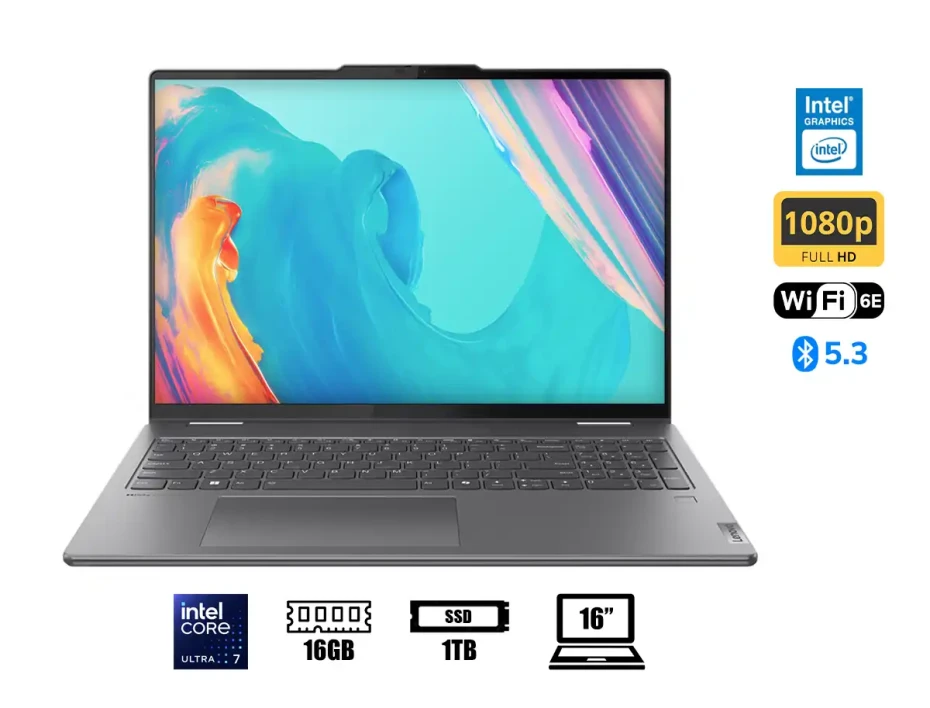Laptop Lenovo Core Ultra 7 155u Yoga 7 16iml9 2-in-1 (83dl0002us) Pantalla 16" Wuxga Oled, Ram 16gb, Ssd 1tb, Intel Graphics, Win11, Grey