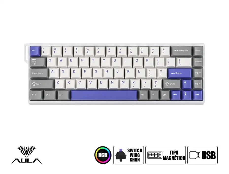 Teclado Gamer Aula Win68he Max 65% Magnetico (au-w68hem4en7) Mecanico, Switch Magnetico Wing Chun, Color Blanco, Plomo Y Purpura