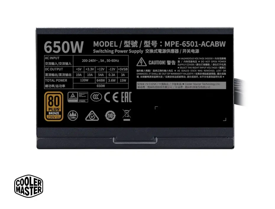 Fuente De Poder Cooler Master 650w Mwe V3 (mpe-6501-acabw-bus) Atx, 80 Plus Bronze, Negro