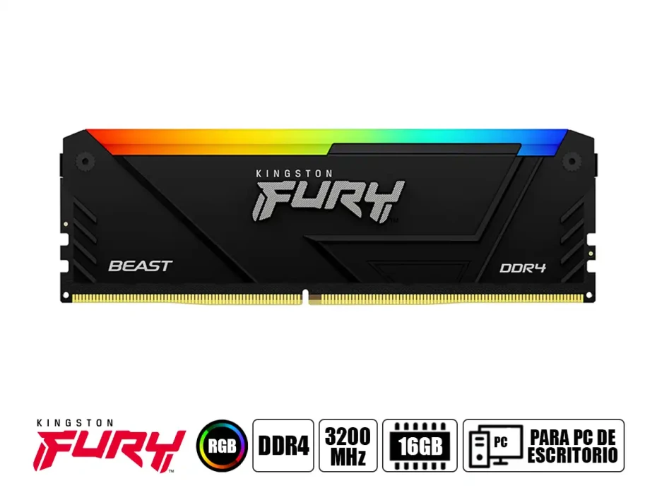 Memoria Ram Kingston Fury Ddr4 16gb Beast (kf432c16bb12a/16wp) 3200 Mhz, Cl16, Negro, Rgb