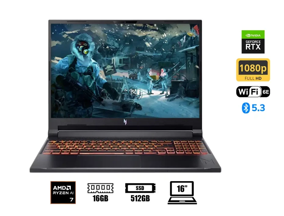 Laptop Acer Ryzen 7-260 Nitro V 16 Anv16-42-r96p Gaming (nh.u2naa.003) Pantalla 16" Wuxga 180hz, Ram 16gb, Ssd 512gb, Rtx 5050 8gb, Win11, Obsidian Bl