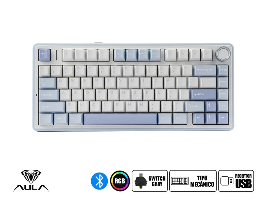 Teclado Gamer Inalambrico Aula F75 (au-f75w13en4) Mecanico, Switch Gray, Blanco+blue+dark Blue