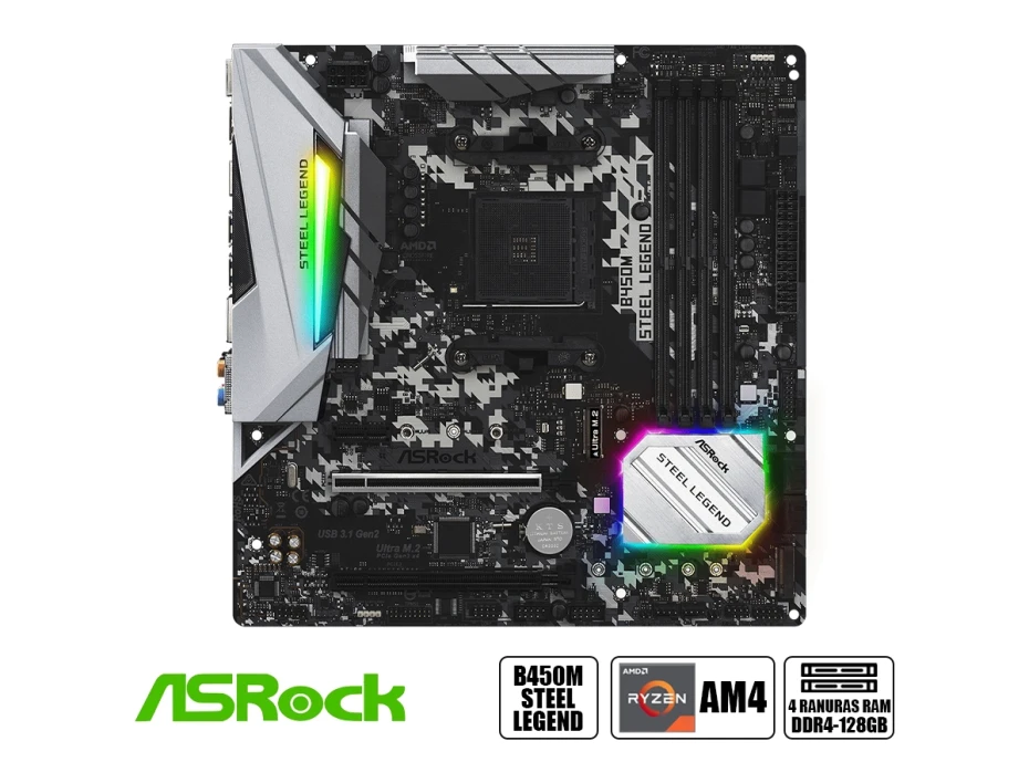Placa Madre Asrock B450m Steel Legend (90-mxb9y0-a0uayz) Socket Am4, Ram Ddr4 Buss 3533oc Mhz, Rgb