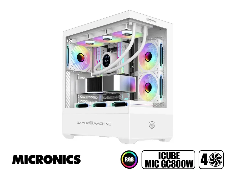 Case Micronics Gamer Machine Icube (icube Mic Gc800wh) Paneles De Vidrio, 4 Ventiladores, Led Rgb, Blanco