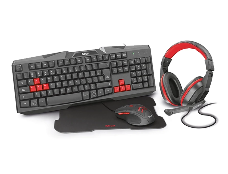 Combo 4 En Uno Trust Ziva Gaming Teclado+ Auricular+mouse + Mousepad, Negro