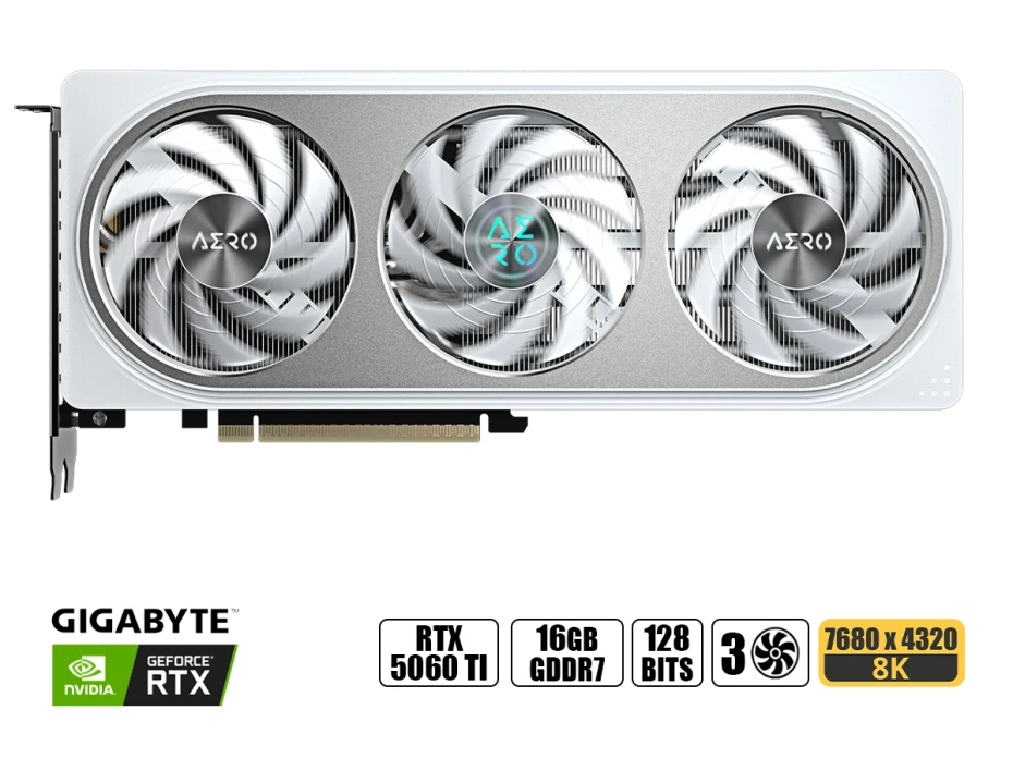 Tarjeta De Video Gigabyte Geforce Rtx 5060 Ti 16gb Aero Oc Gddr7 (gv-n506taero Oc-16gd) Nvidia 128 Bits, 3 Ventiladores, Blanco