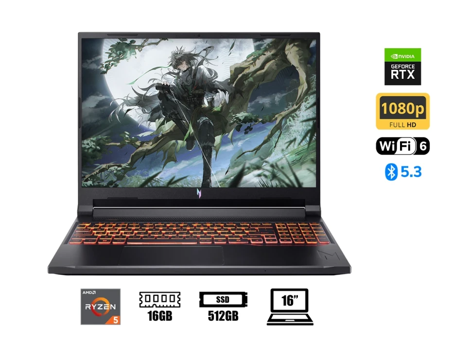 Laptop Acer Ryzen 5-240 Nitro V 16 Anv16-42-r309 Gaming (nh.u2naa.001) 16" (1920x1200) 180hz, Ram 16gb, Ssd 512gb, Rtx 5050 8gb, Win11, Obsidian Black