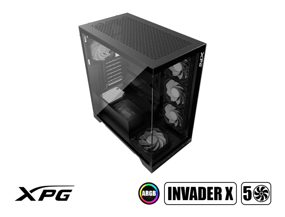 Case Xpg Invader X Black S/fuente (iinvaderxmt-bkcww) Panel De Vidrio, 5 Fans. Raiser Pcie.4.0, Negro