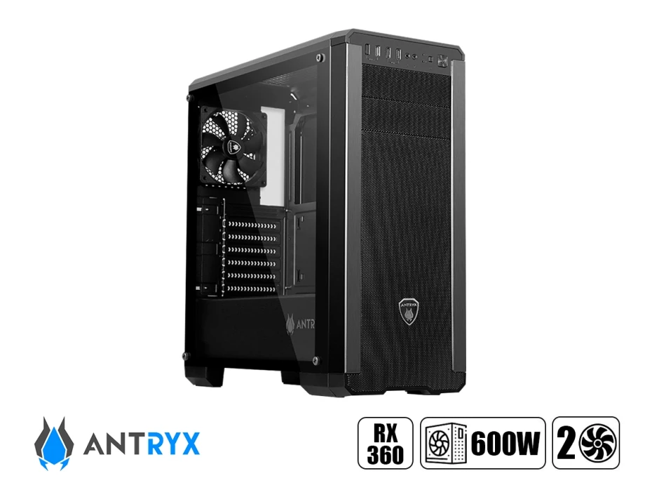 Case Antryx Rx-360 Black C/fuente B600w (ac-rx360pk-600cp) Panel De Vidrio, 2 Ventiladores