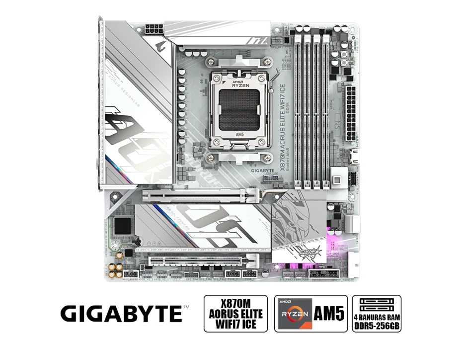Placa Madre Gigabyte X870m Aorus Elite Wifi7 Ice (x870m Aorus Elite Wf7ice) Blanco, Socket Am5, Ram Dddr5 Buss 8200oc Mt/s