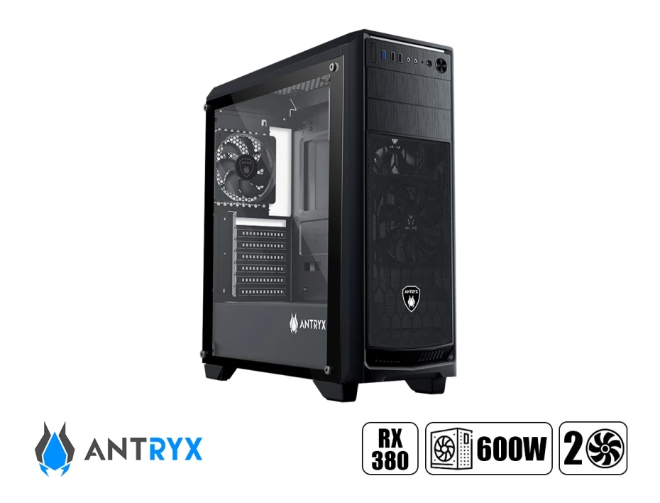 Case Antryx Rx-380 Black C/fuente B600w (ac-rx380pk-600cp) Panel De Vidrio, 2 Ventiladores