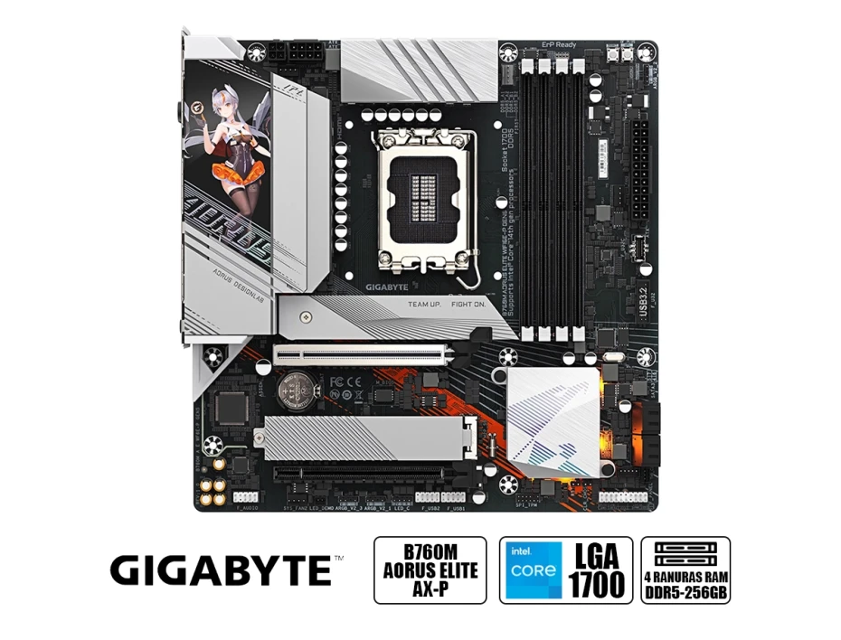 Placa Madre Gigabyte B760m Aorus Elite Ax-p (b760m A Elite Ax-p) Waifu Edition Socket Lga 1700, Ram Ddr5 Buss 7800oc Mhz, 14va, 13va, 12va Gen, Rgb