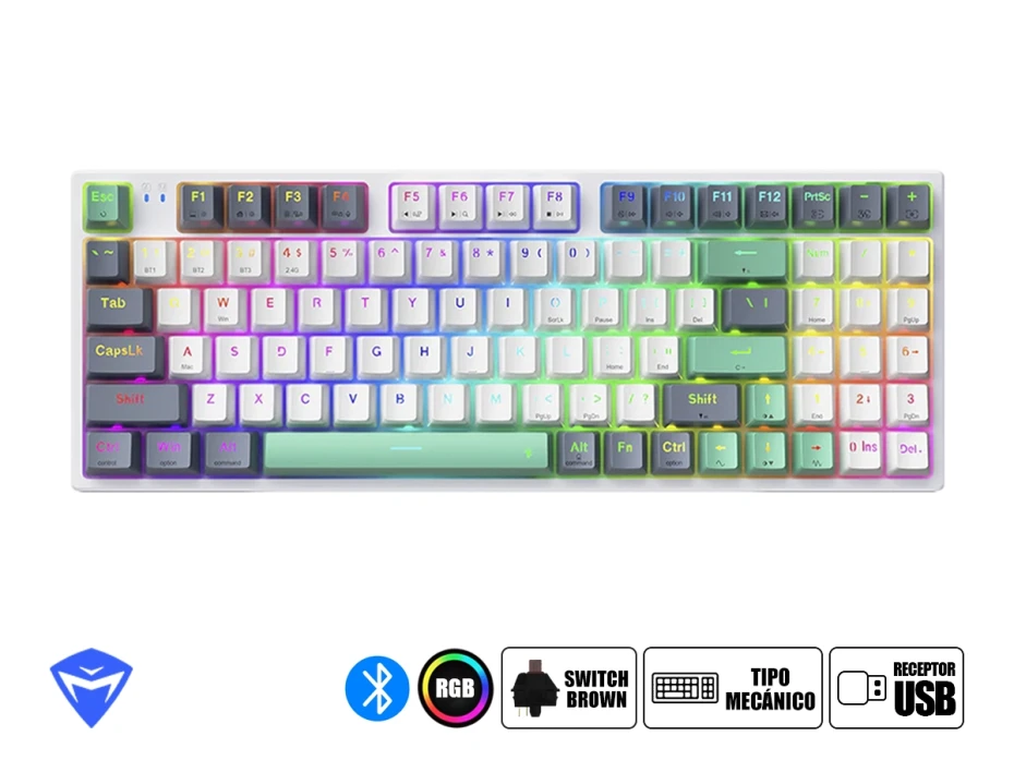 Teclado Gamer Inalambrico Machenike (k500 Pro) Mecanico, Switch Brown, Blanco-plomo