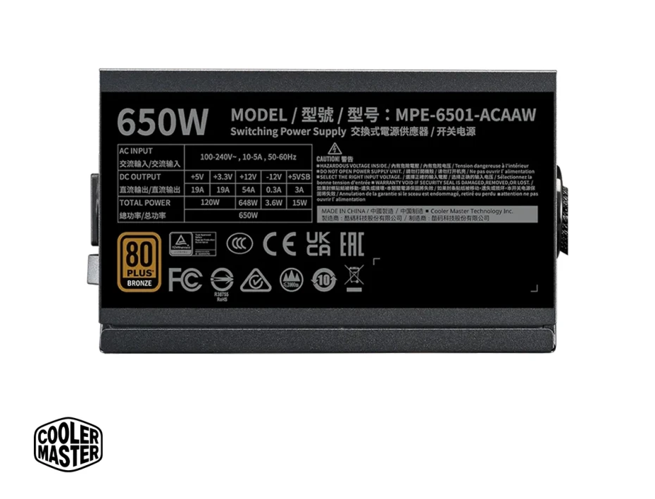 Fuente De Poder Cooler Master 650w Mwe V3 (mpe-6501-acabw-bus) Atx, 80 Plus Bronze, Negro