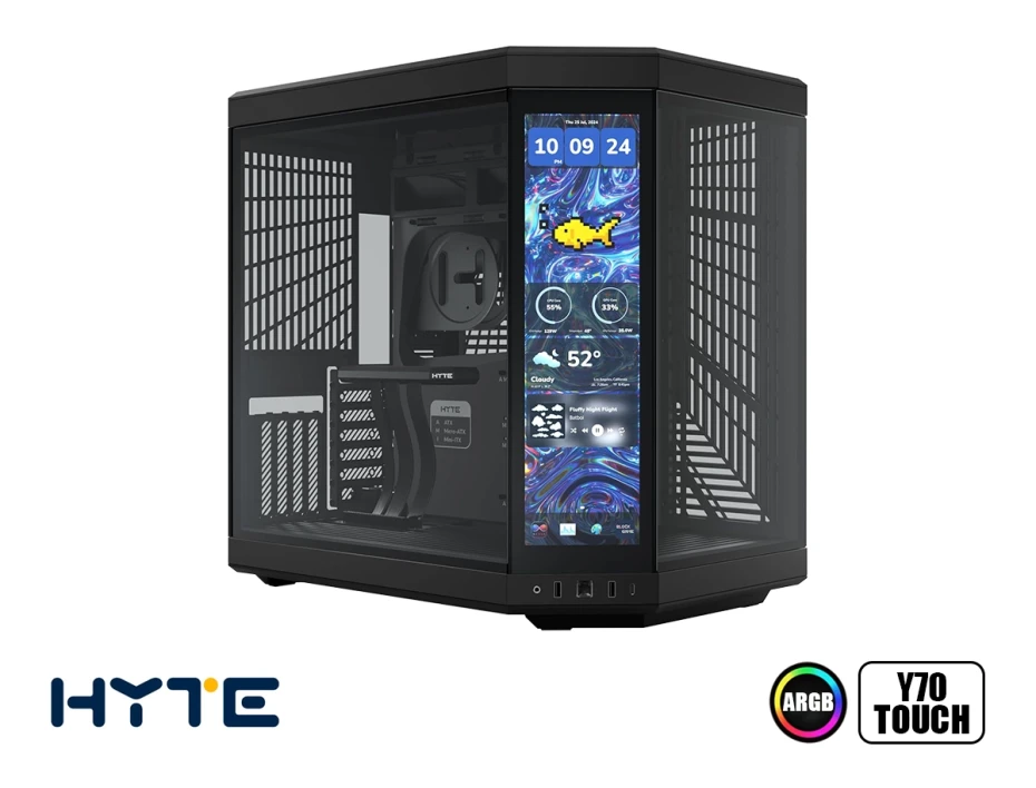 Case Hyte Y70 Touch In S/fuente Infinite With 14.9" Pitch Bk Snow (cs-hyte-y70tti-bb) Mid Tower, Paneles De Vidrio Templado, Negro