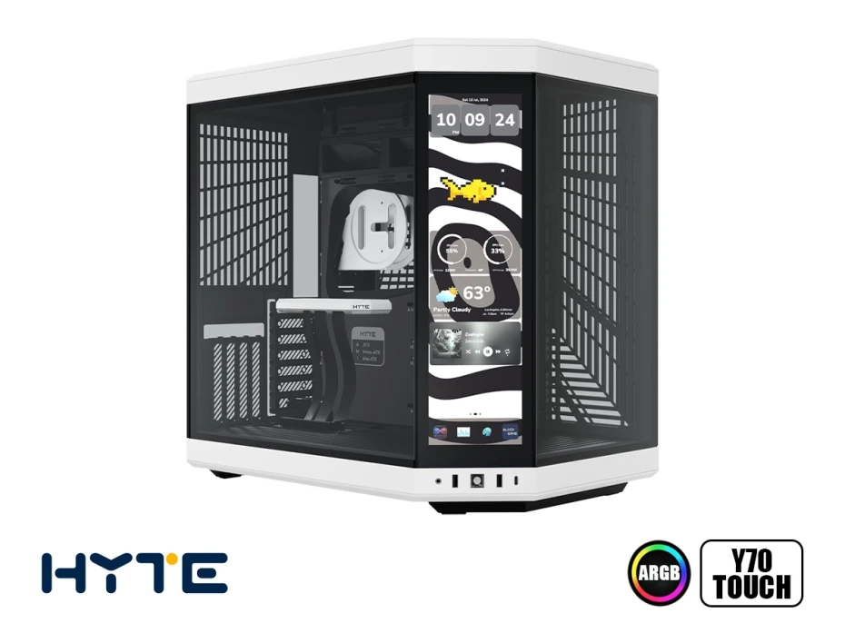 Case Hyte Y70 Touch In S/fuente Infinite With 14.9" Panda Bk Snow (cs-hyte-y70tti-wb) Mid Tower, Paneles De Vidrio Templado, Negro Y Blanco